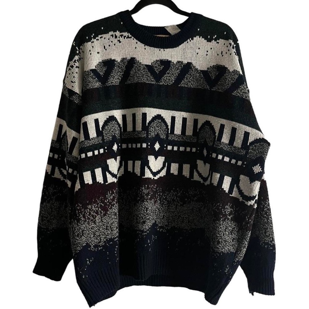 Vintage grandpa chuncky thick knit sweater with cool pattern WOOD LAND TRAIL